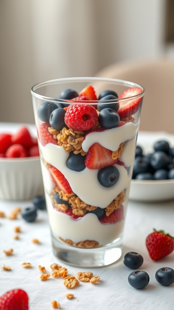 A delicious Greek yogurt parfait with layers of yogurt, granola, and fresh berries in a glass.