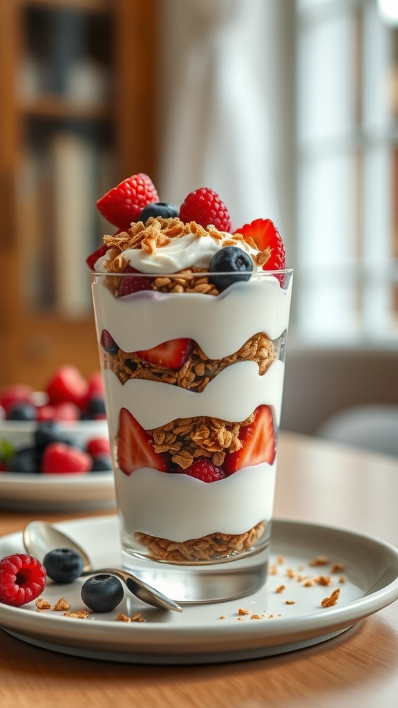 A Greek yogurt parfait layered with granola and fresh berries, served in a glass.