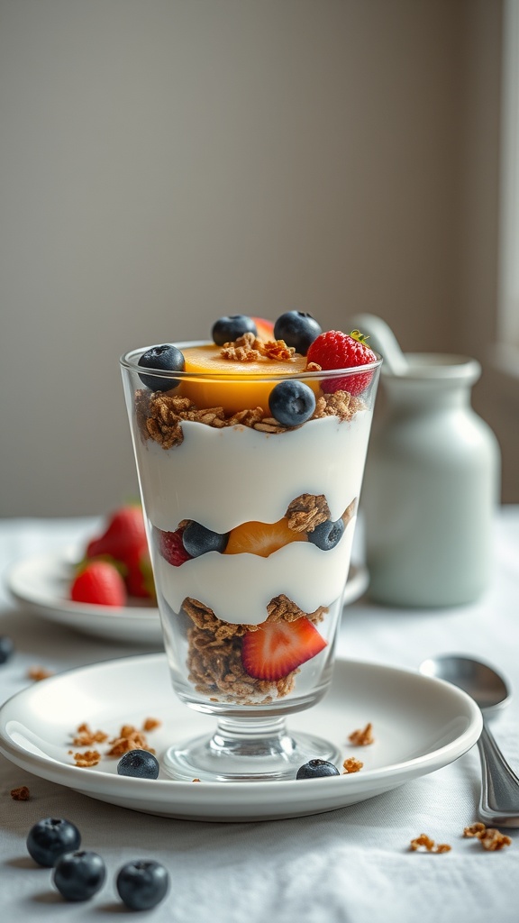 A Greek yogurt parfait with layers of yogurt, granola, and fresh fruits in a glass.