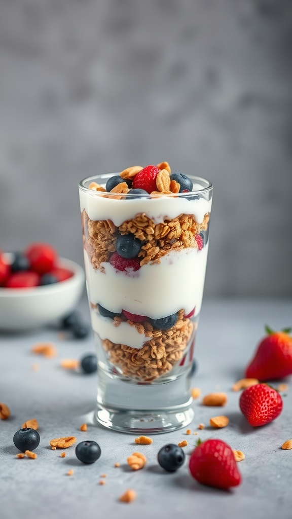 A delicious Greek yogurt parfait with layers of yogurt, granola, nuts, and fresh berries.