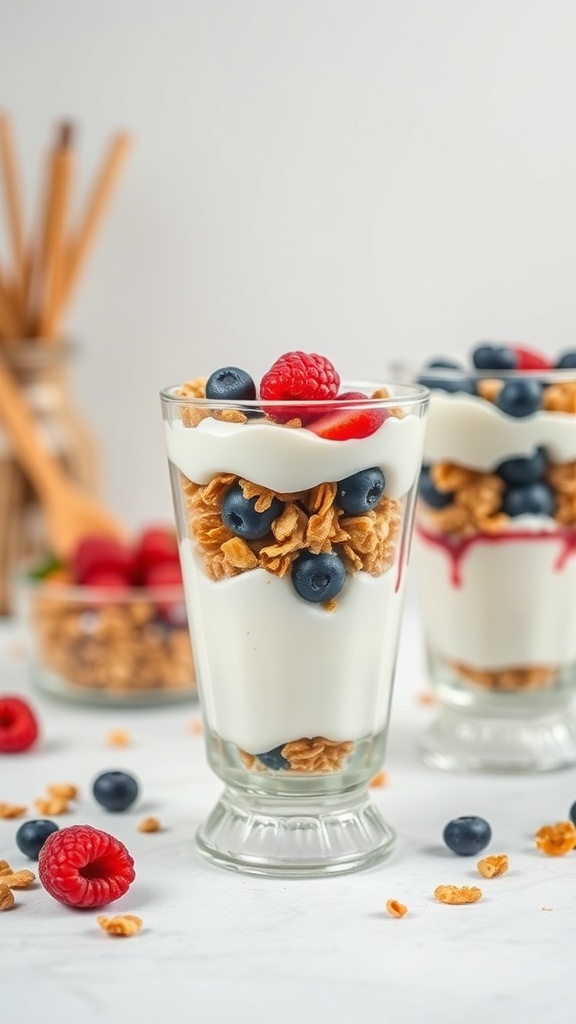 Greek yogurt parfaits with granola and berries in glass cups