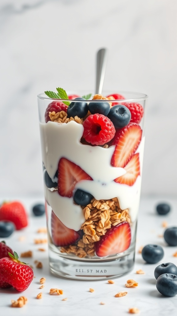 A glass of Greek yogurt parfait layered with strawberries, blueberries, raspberries, and granola.