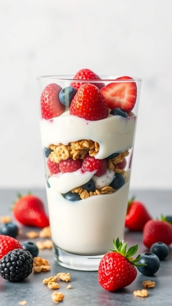 A delicious Greek yogurt parfait with layers of yogurt, granola, and fresh berries.