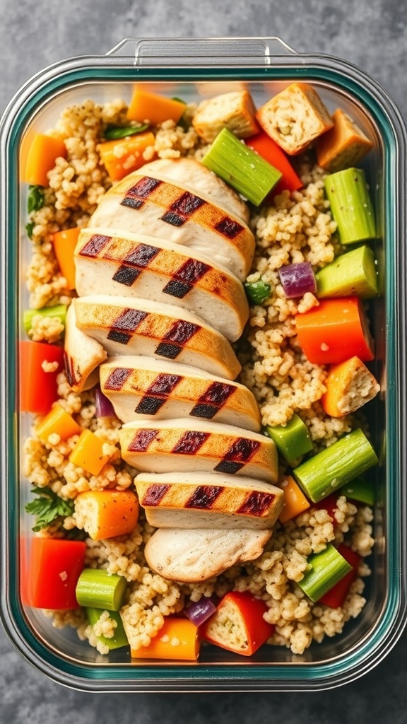 A meal prep container filled with grilled chicken, quinoa, and colorful vegetables.
