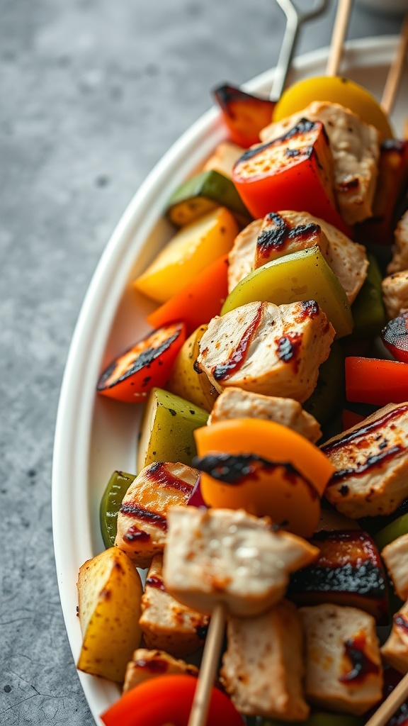 Grilled chicken and veggie skewers on a platter