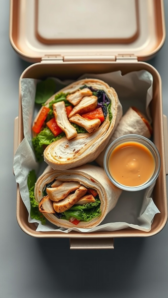 A healthy lunchbox containing grilled chicken and veggie wraps with a side of dipping sauce.