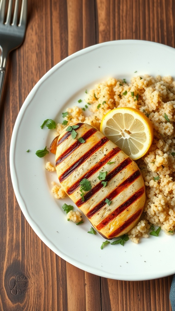Grilled lemon herb chicken served with quinoa and a slice of lemon