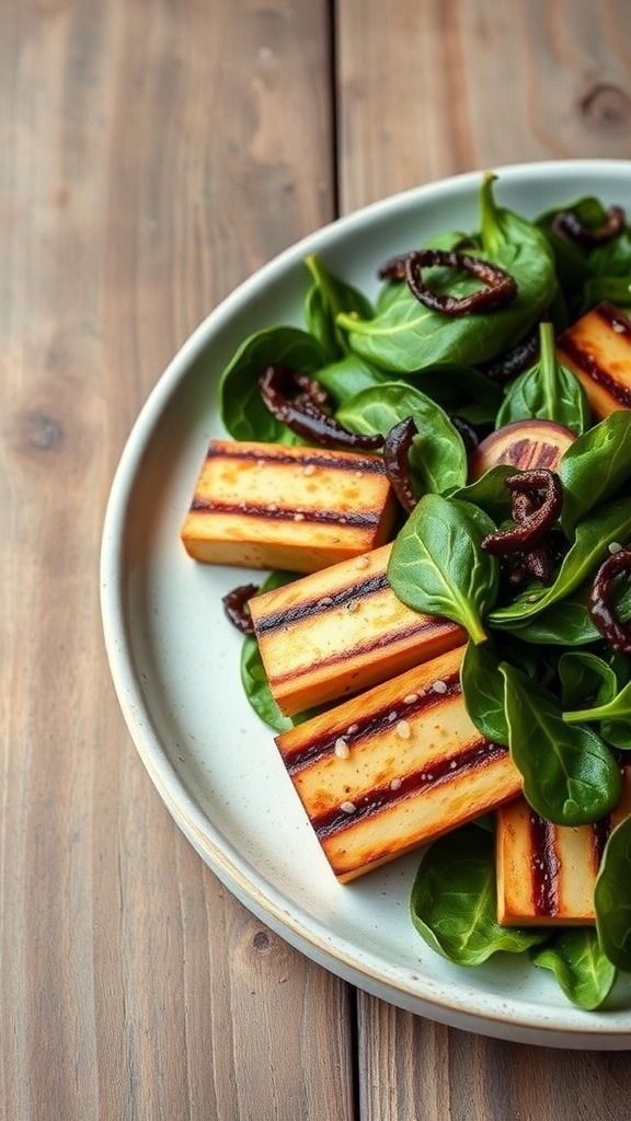 A plate of grilled tofu served with a sesame spinach salad, showcasing vibrant greens and grilled tofu slices.