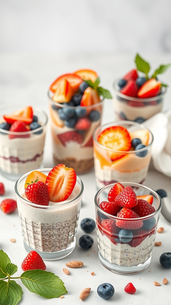 Healthy dessert options featuring layered fruit parfaits with yogurt and berries
