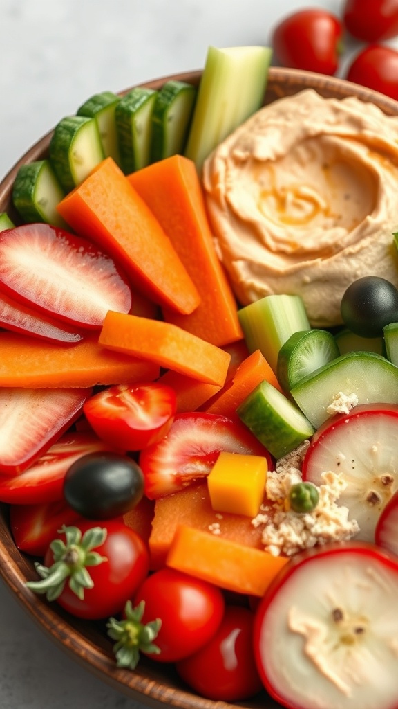 A colorful veggie platter with carrots, cucumbers, cherry tomatoes, and hummus.