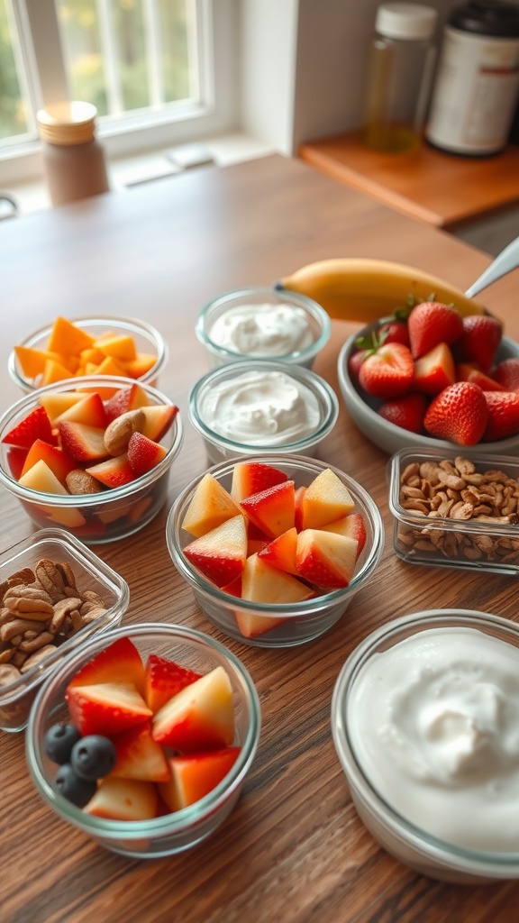 A variety of healthy snacks in glass containers, including fruits, yogurt, and nuts.