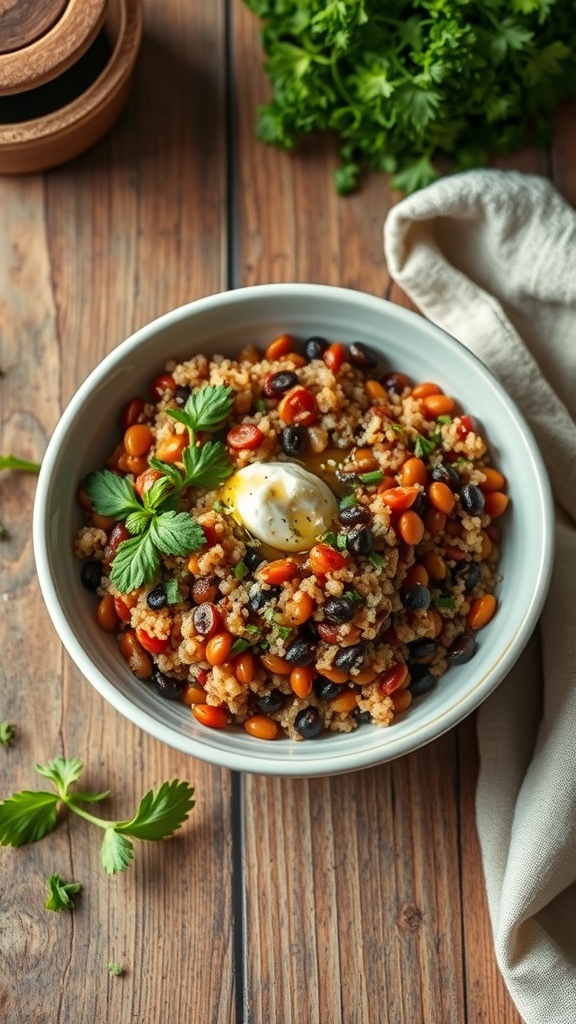 A hearty lentil and quinoa bowl topped with yogurt and fresh herbs, served in a white bowl on a wooden table.