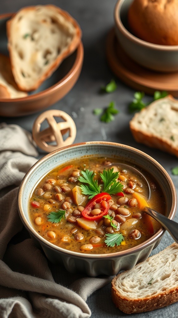 A bowl of hearty lentil soup garnished with herbs and chili, with slices of bread on the side.