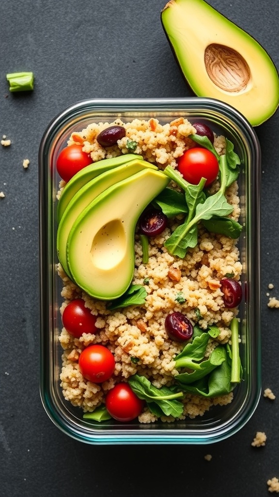 A colorful quinoa salad with avocado, cherry tomatoes, and greens in a meal prep container.