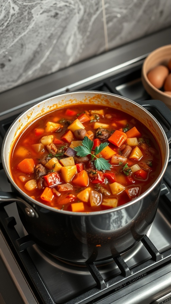 A pot of hearty vegetable chili with colorful vegetables simmering on the stove.