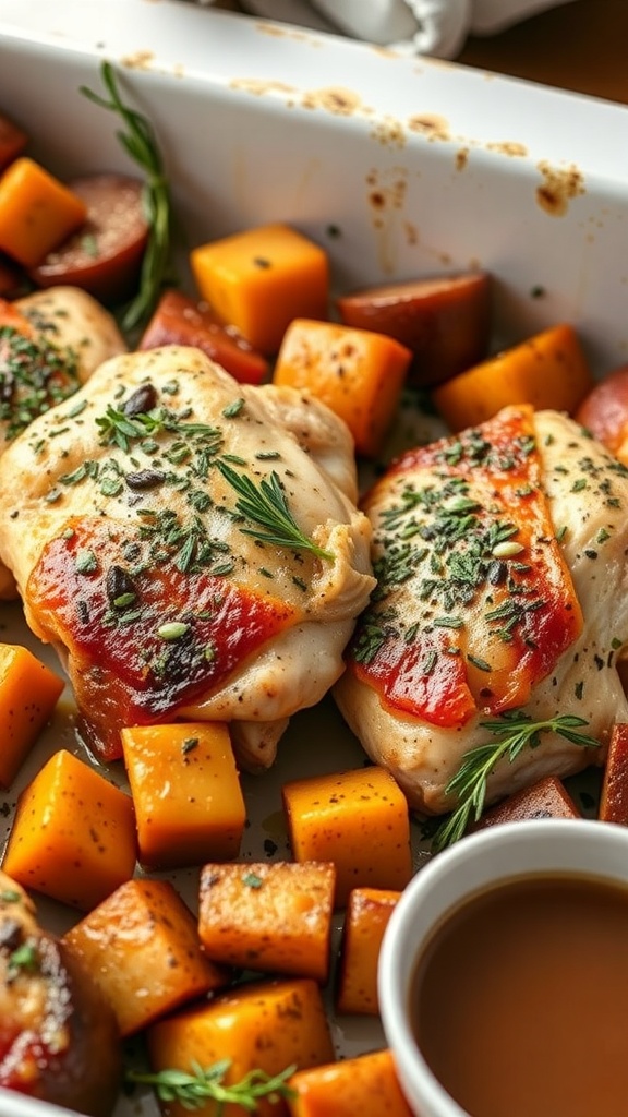 A delicious one-pan meal featuring herbed chicken thighs and colorful root vegetables.