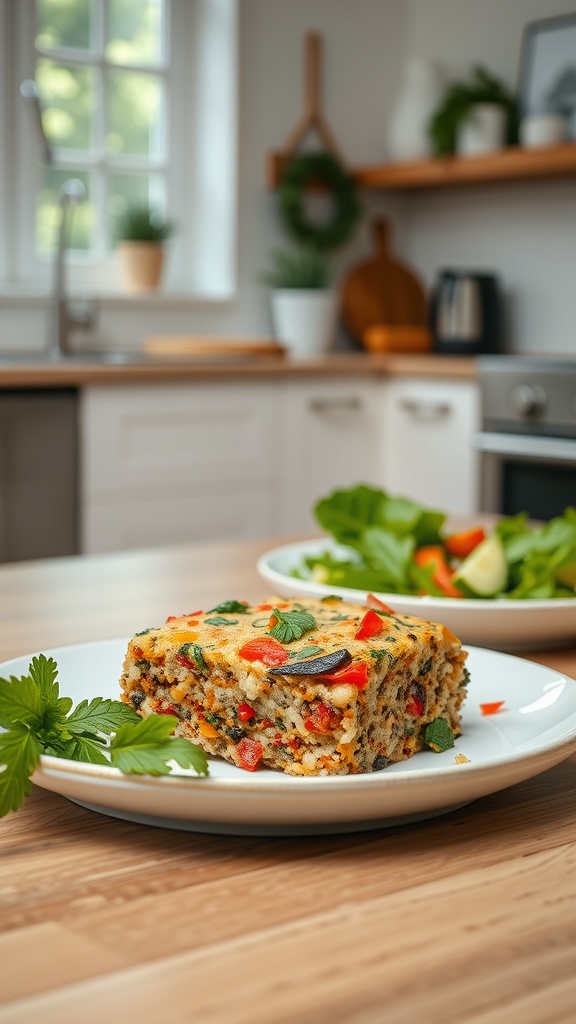 A slice of herbed vegetable quinoa bake on a plate, surrounded by fresh greens in a cozy kitchen setting.