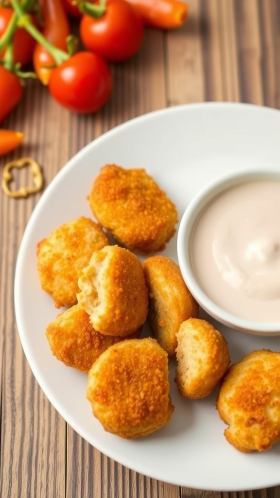 A plate of homemade chicken nuggets with a dipping sauce and fresh vegetables in the background.