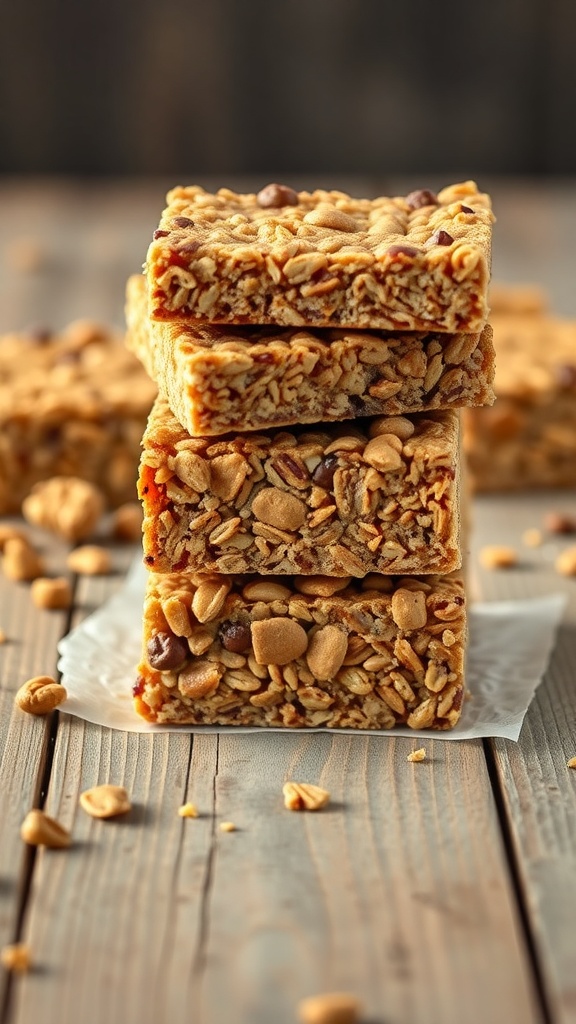 A stack of homemade granola bars with oats and nuts.