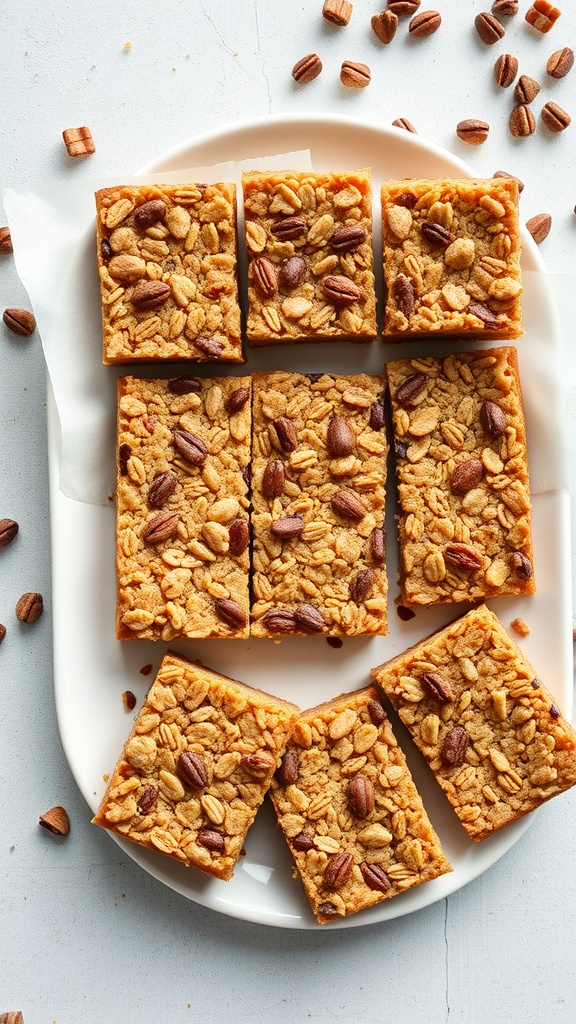 Homemade granola bars cut into squares on a plate, surrounded by nuts.