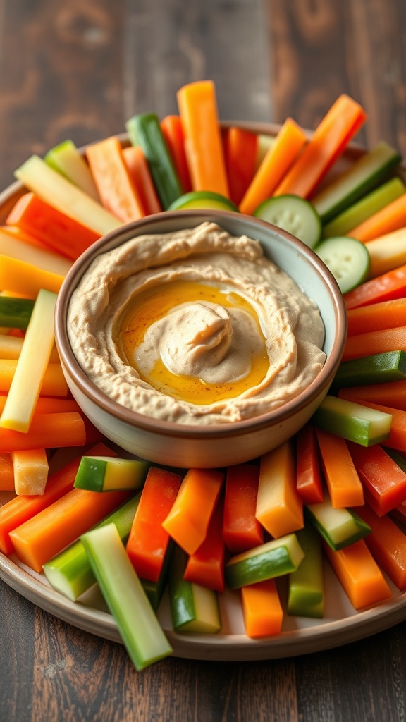A bowl of homemade hummus surrounded by colorful veggie sticks including carrots, cucumbers, and bell peppers.