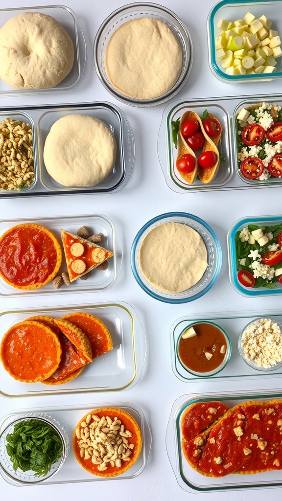 Ingredients for homemade pizza kits organized in containers, including dough, sauce, cheese, and toppings.