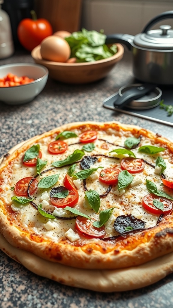 A homemade pizza topped with fresh tomatoes, basil, and cheese, with ingredients like tomatoes and spinach in the background.