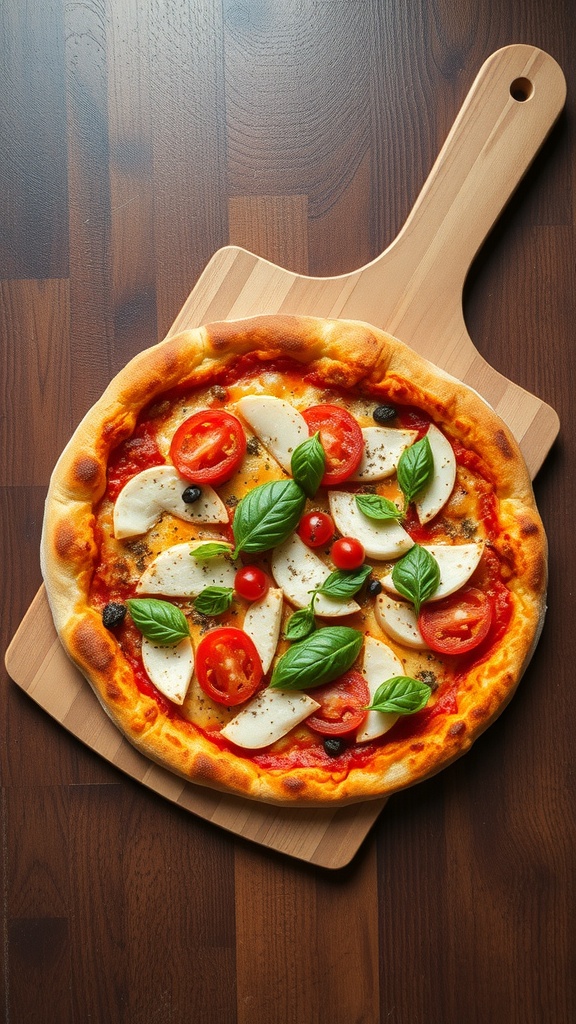 Homemade pizza with mozzarella, tomatoes, and basil on a wooden pizza peel.