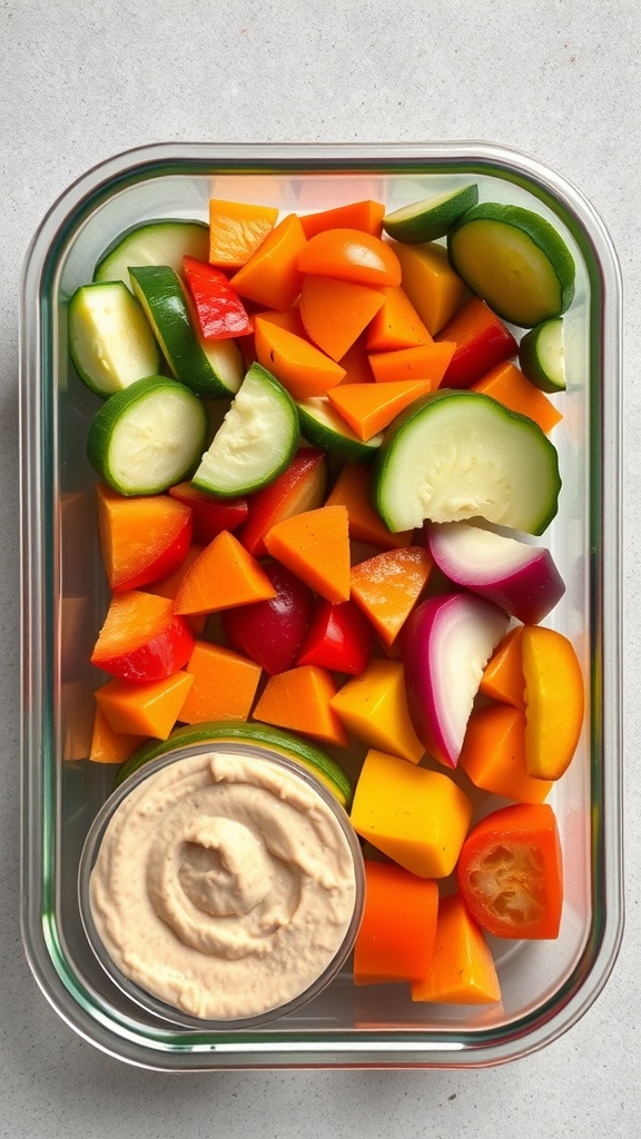 Colorful vegetable and hummus snack pack with chopped zucchini, bell peppers, and carrots.