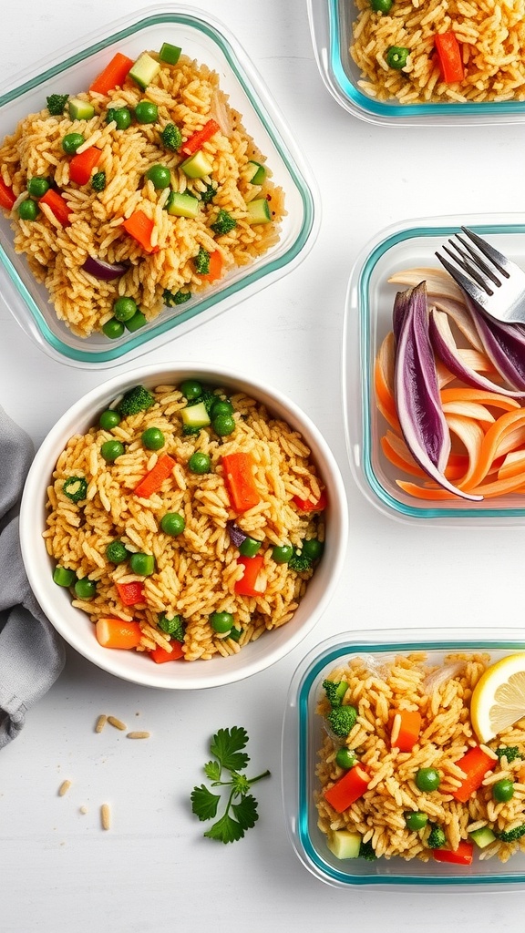 Colorful homemade vegetable fried rice in meal prep containers.