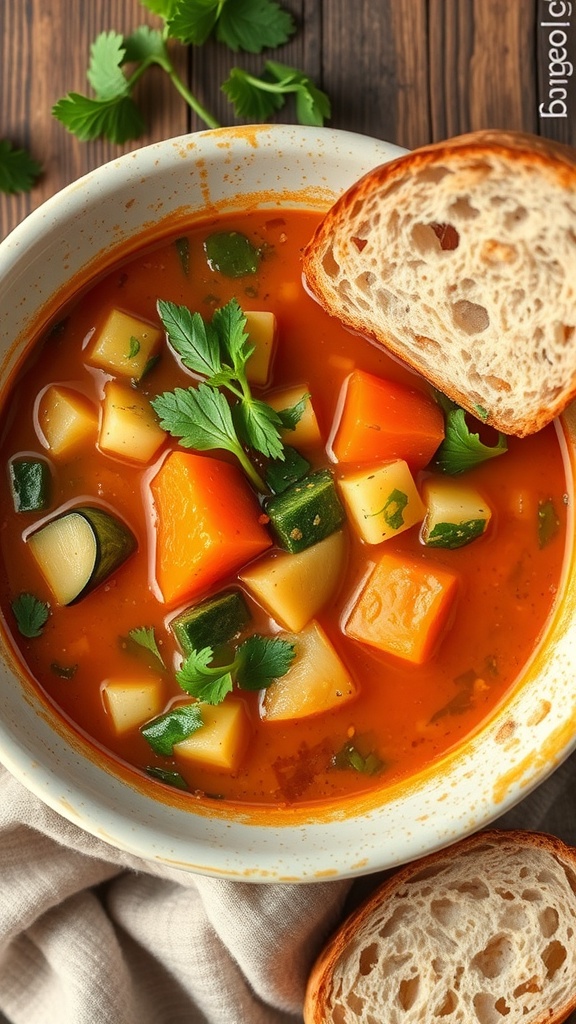 A bowl of homemade vegetable soup with colorful vegetables and a slice of bread on the side.