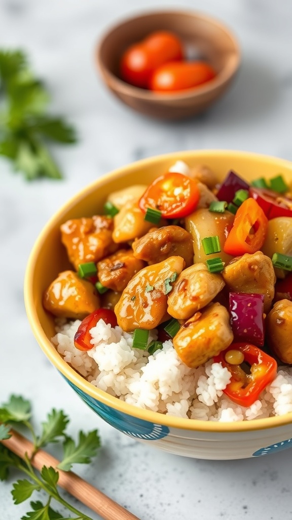 A bowl of honey garlic chicken with colorful veggies served over rice.