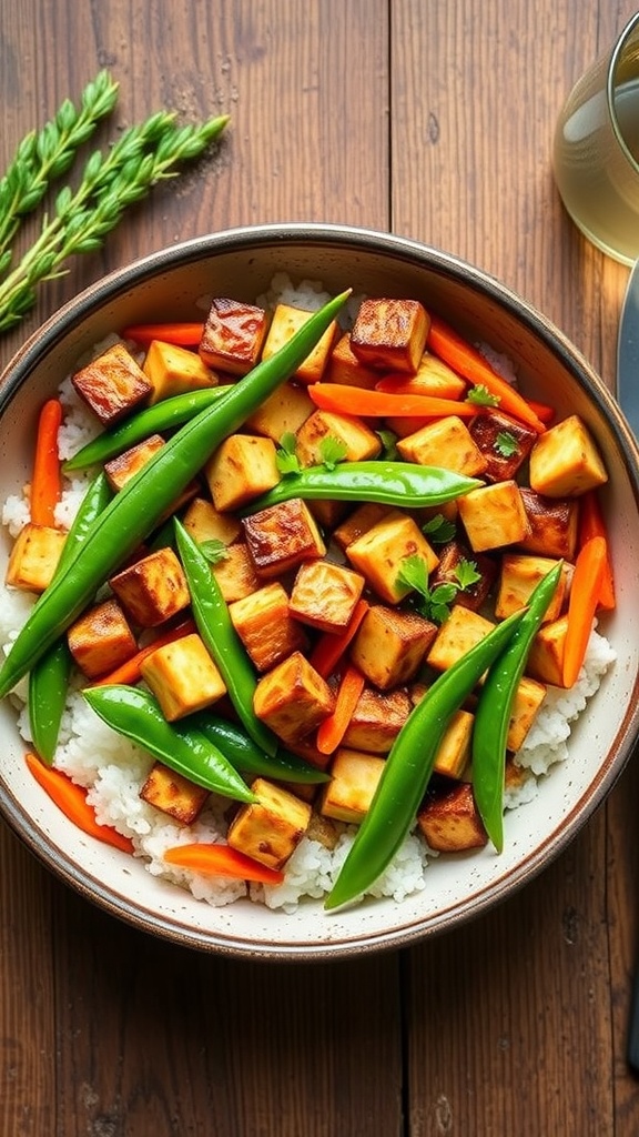 A bowl of Honey Garlic Tofu with Snap Peas served over rice.