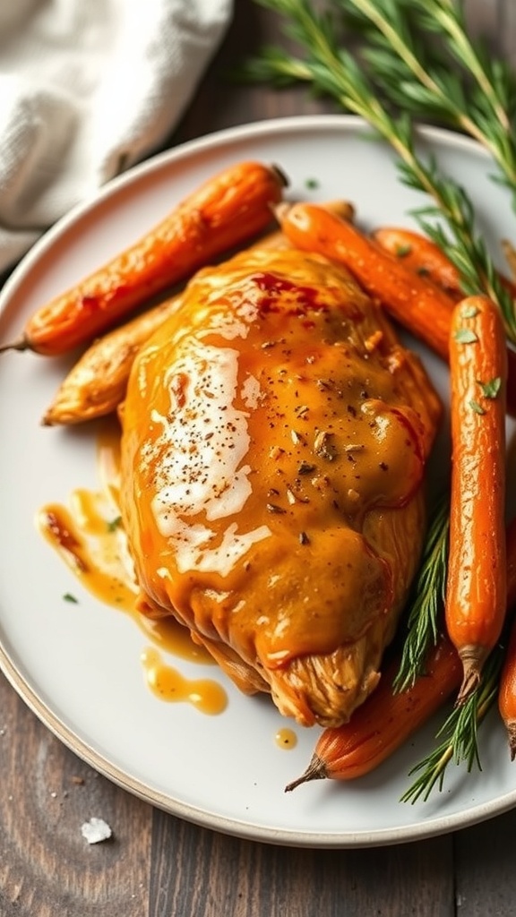Honey mustard glazed chicken with roasted carrots on a plate
