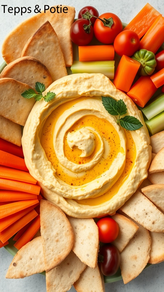 A colorful hummus and veggie platter with carrots, celery, bell peppers, cherry tomatoes, and pita chips.