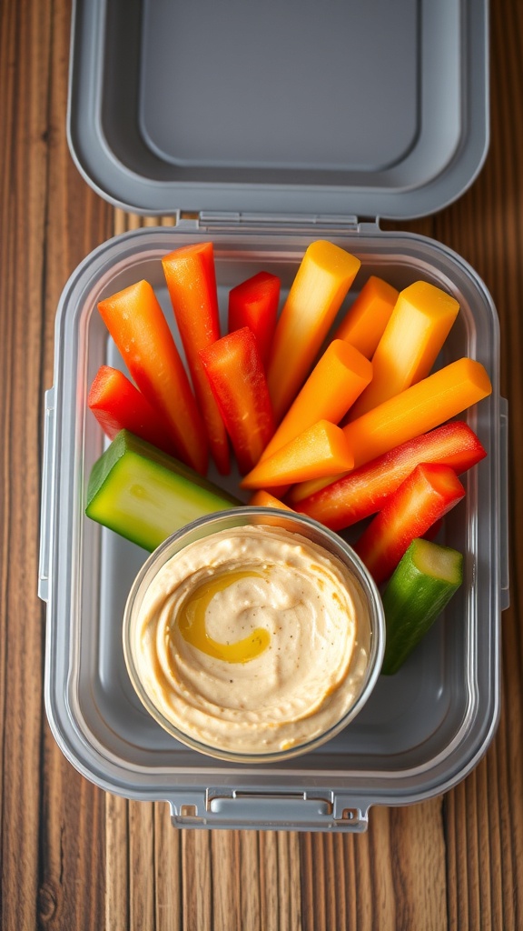 A lunchbox filled with colorful veggie sticks and a container of hummus.