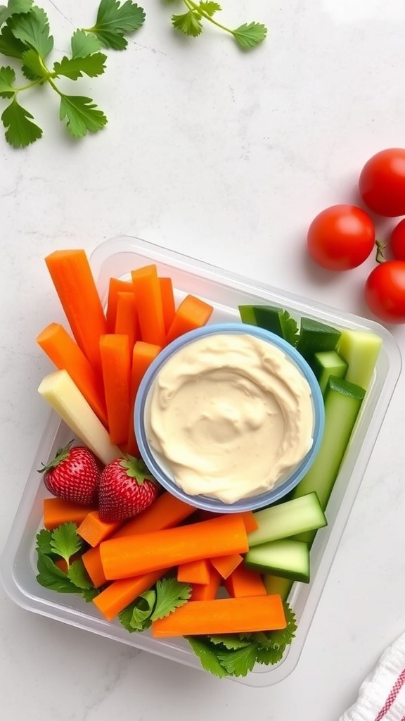 A colorful assortment of carrot sticks, cucumber sticks, celery sticks, cherry tomatoes, and strawberries arranged with a bowl of hummus.