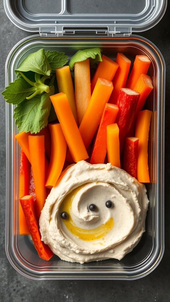 A lunchbox filled with hummus and colorful veggie sticks, including carrots and bell peppers.