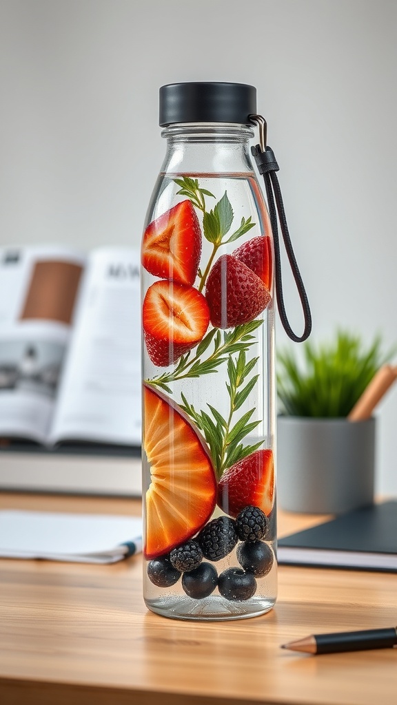 A stylish water bottle filled with strawberries, blueberries, and mint leaves on a wooden desk.