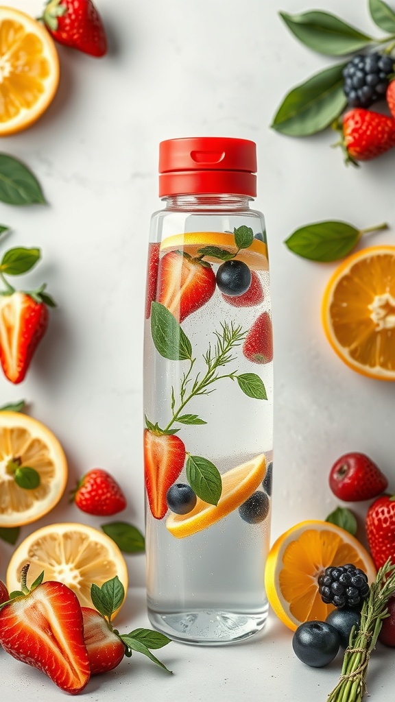 A water bottle filled with infused water featuring strawberries, blueberries, lemon slices, and mint leaves, surrounded by fresh fruits.