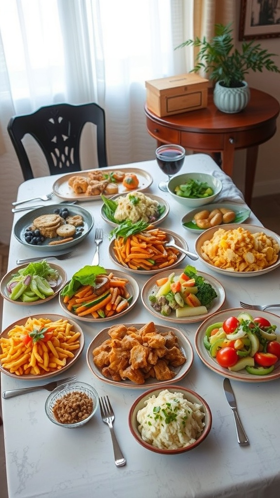 A table filled with various dishes, showcasing a colorful array of food options for creative meal prep.