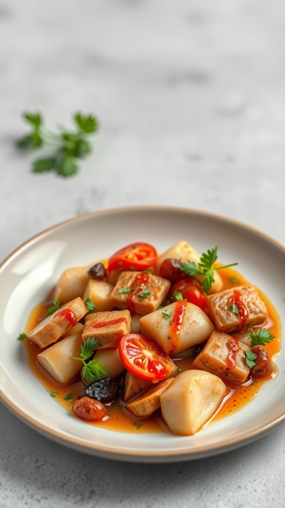 A plate of colorful leftovers including cooked vegetables, tomatoes, and herbs, creatively arranged for a new meal.