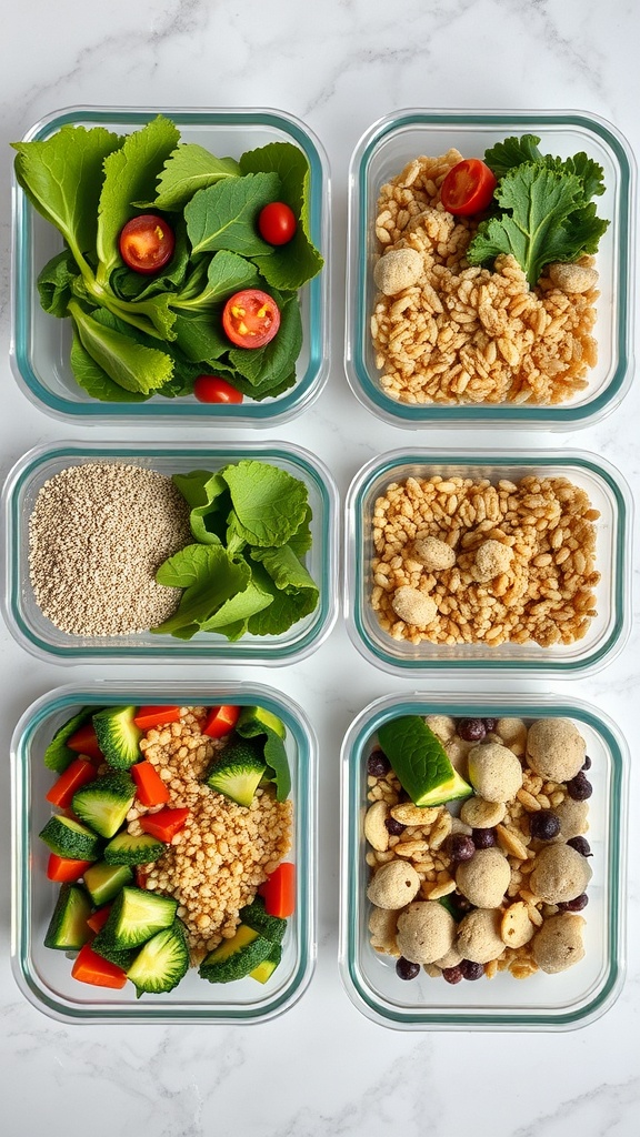 Colorful meal prep containers filled with fresh vegetables, grains, and nuts.