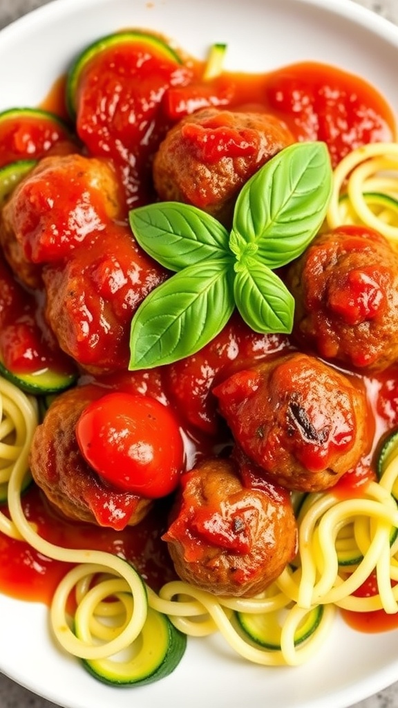 A plate of keto meatballs with zucchini noodles topped with marinara sauce and fresh basil.