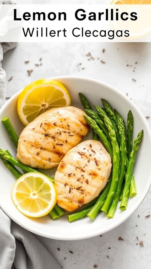 A bowl of Lemon Garlic Chicken with Asparagus, featuring grilled chicken breasts, fresh asparagus, and lemon slices.