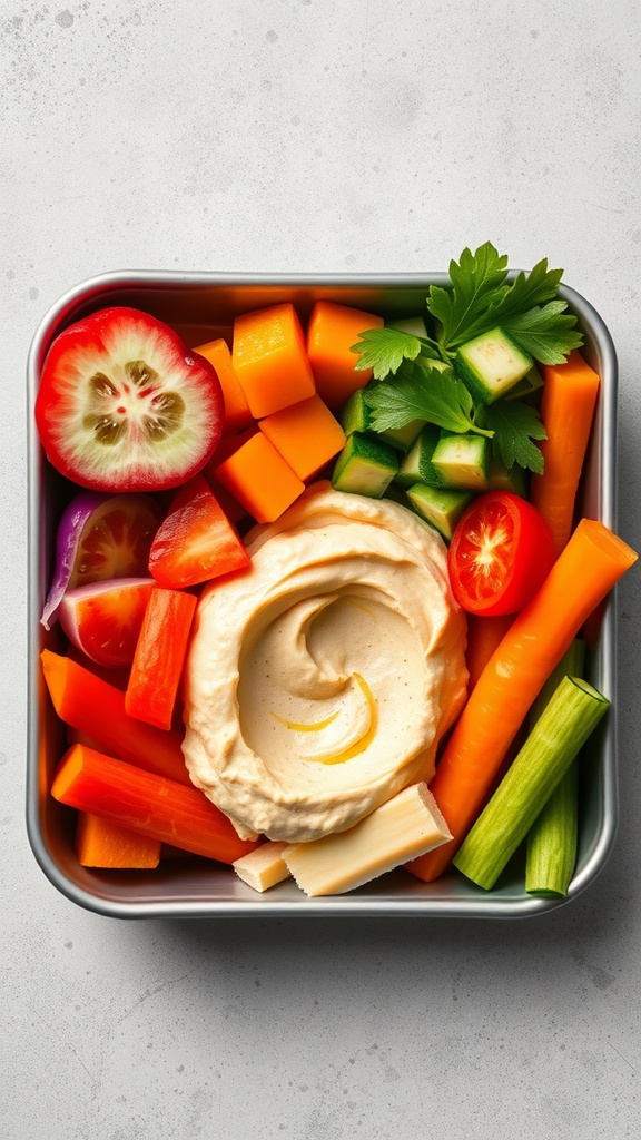 A lunchbox filled with lemon garlic hummus and colorful fresh veggies.