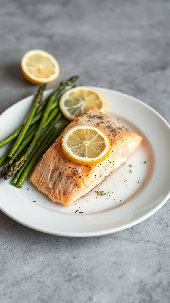 Lemon garlic salmon fillet with asparagus on a white plate