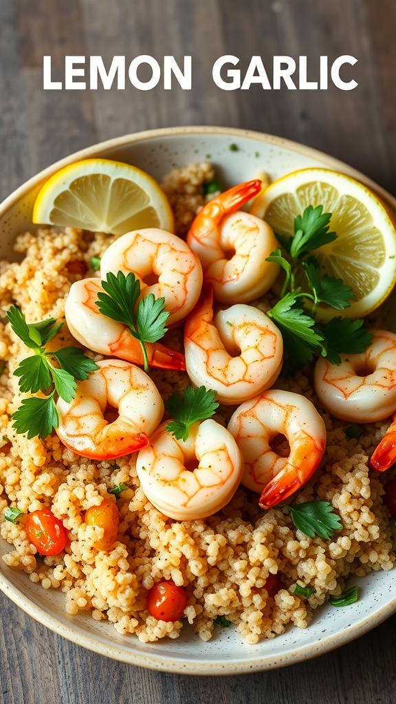 A bowl of Lemon Garlic Shrimp with Quinoa, garnished with parsley and lemon slices.