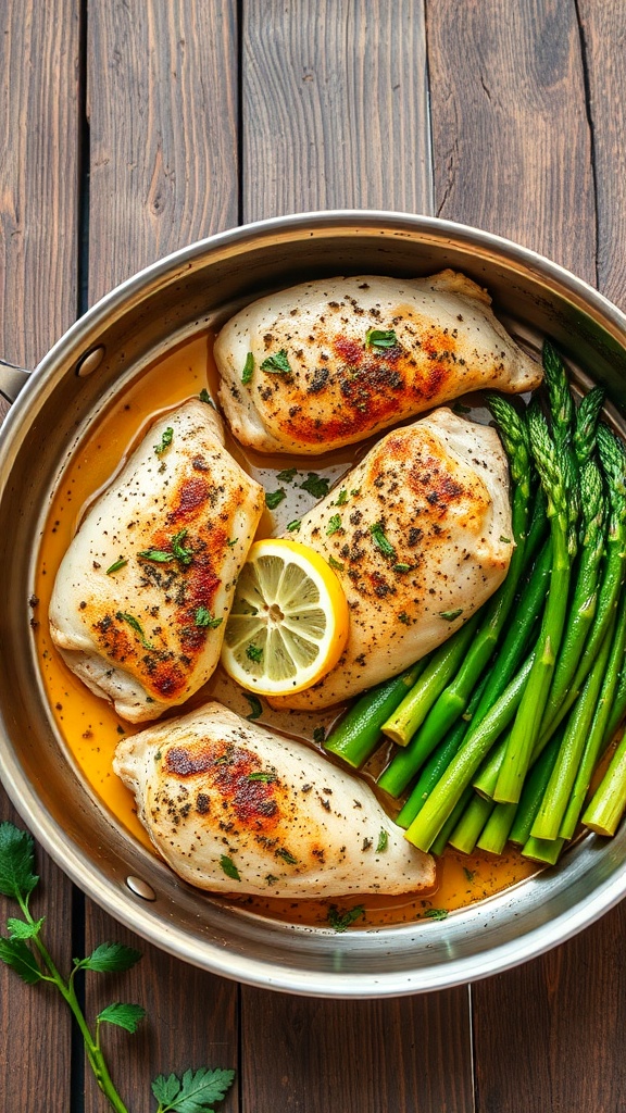A pan with lemon herb chicken breasts and asparagus, garnished with parsley.