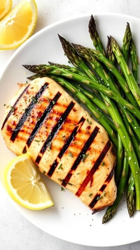 A plate of Lemon Herb Grilled Chicken with Asparagus, garnished with lemon slices.